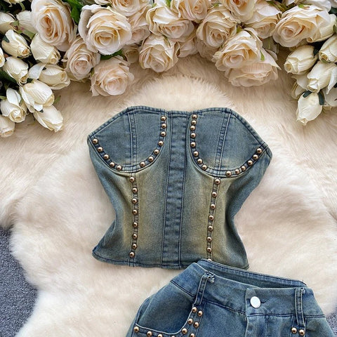Beading Blue Denim 2 Piece Set Women Vintage Sleeveless Tops with High Waist - American Thistle Beading Blue Denim 2 Piece Set Women Vintage Sleeveless Tops with High Waist