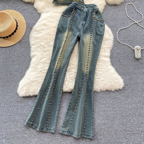 Beading Blue Denim 2 Piece Set Women Vintage Sleeveless Tops with High Waist - American Thistle Beading Blue Denim 2 Piece Set Women Vintage Sleeveless Tops with High Waist