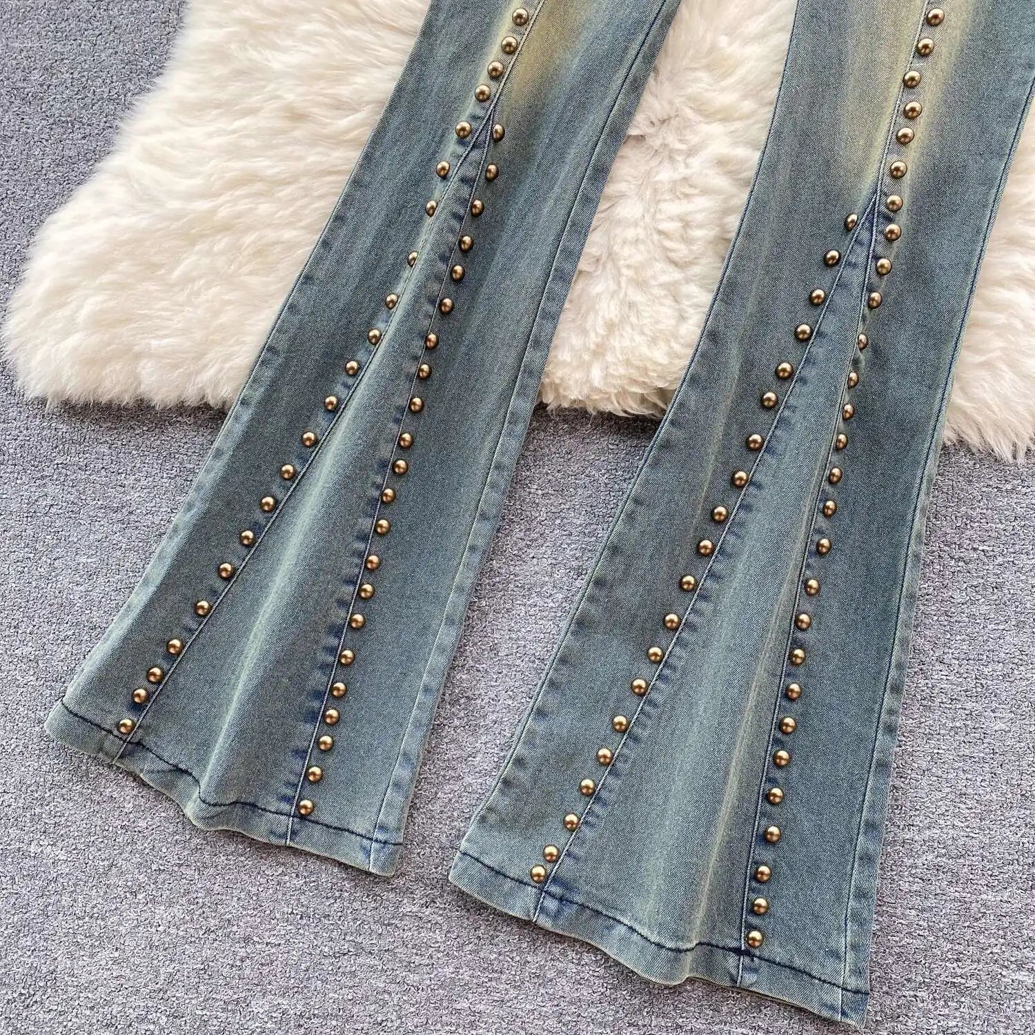 Beading Blue Denim 2 Piece Set Women Vintage Sleeveless Tops with High Waist - American Thistle Beading Blue Denim 2 Piece Set Women Vintage Sleeveless Tops with High Waist