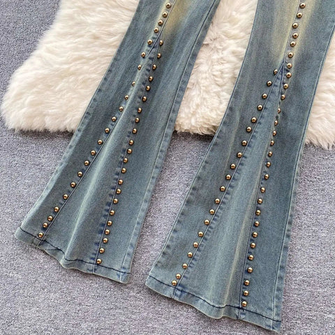 Beading Blue Denim 2 Piece Set Women Vintage Sleeveless Tops with High Waist - American Thistle Beading Blue Denim 2 Piece Set Women Vintage Sleeveless Tops with High Waist