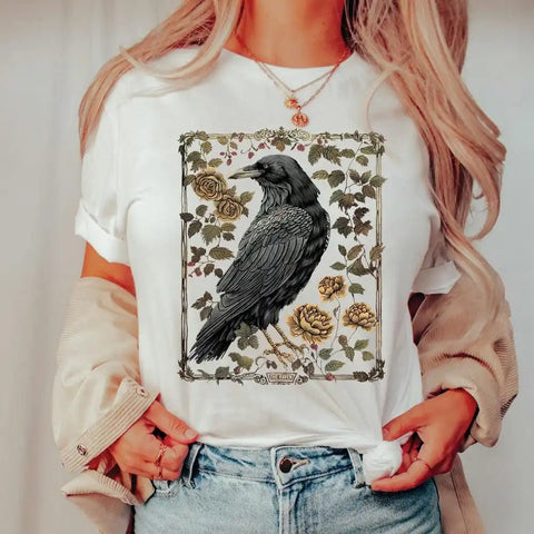 Black Crow T-Shirt Roses Short Sleeve - American Thistle Black Crow T-Shirt Roses Short Sleeve