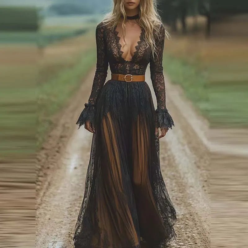 Black V - Neck Sexy Lace Mesh Long Sleeved Dress Women's Spring Summer - American Thistle Black V - Neck Sexy Lace Mesh Long Sleeved Dress Women's Spring Summer