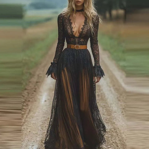 Black V - Neck Sexy Lace Mesh Long Sleeved Dress Women's Spring Summer - American Thistle Black V - Neck Sexy Lace Mesh Long Sleeved Dress Women's Spring Summer