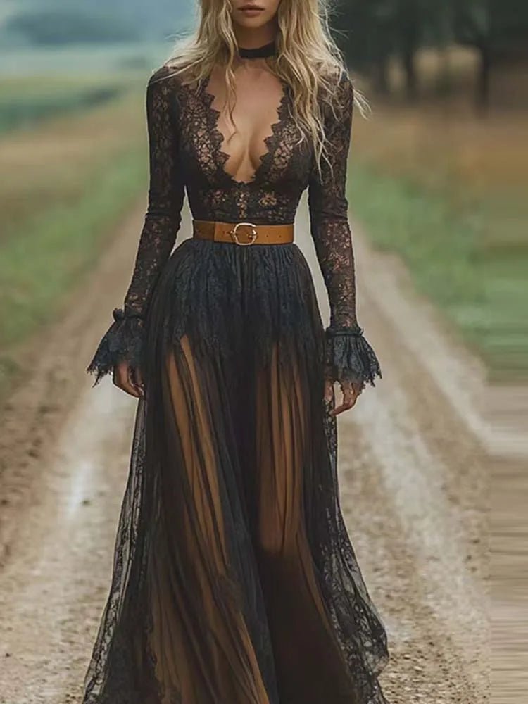 Black V - Neck Sexy Lace Mesh Long Sleeved Dress Women's Spring Summer - American Thistle Black V - Neck Sexy Lace Mesh Long Sleeved Dress Women's Spring Summer