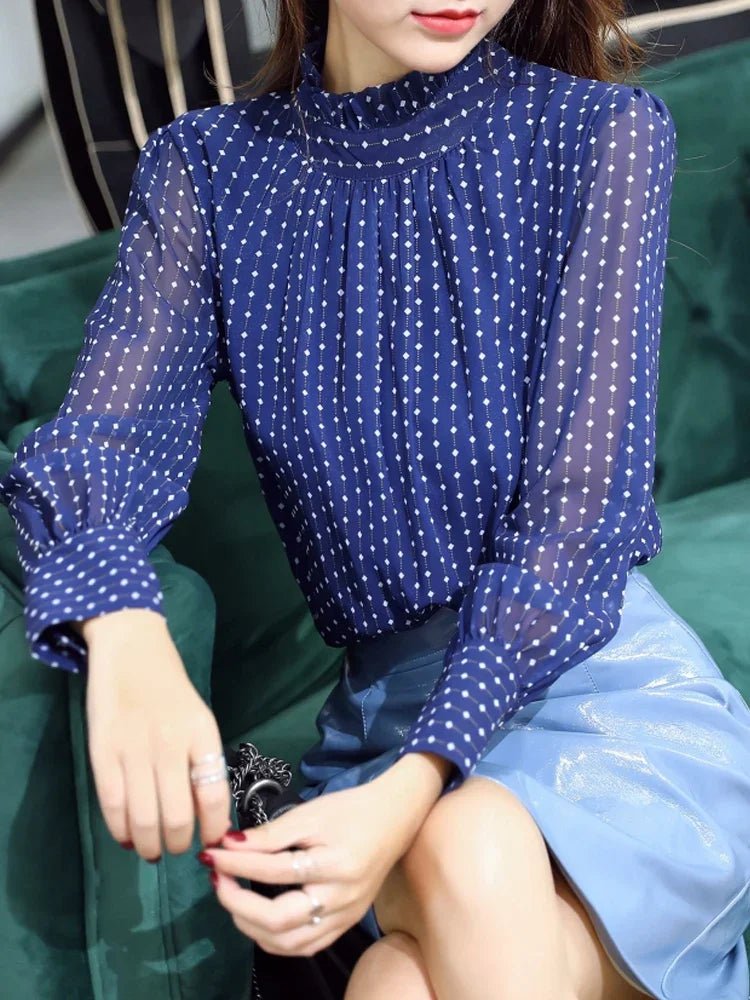 Blue Polka Dot Long Sleeve Chiffon Blouse Shirt Women Tops - American Thistle Blue Polka Dot Long Sleeve Chiffon Blouse Shirt Women Tops