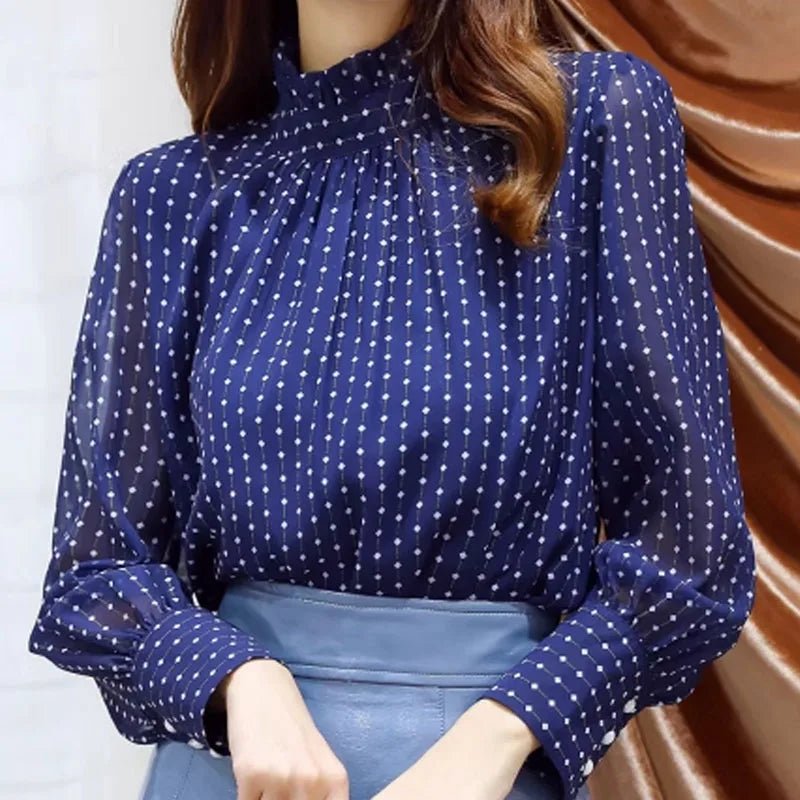Blue Polka Dot Long Sleeve Chiffon Blouse Shirt Women Tops - American Thistle Blue Polka Dot Long Sleeve Chiffon Blouse Shirt Women Tops