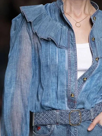 Blue See - Through Jacket with Ruffle SleevesFaux Denim - American Thistle Blue See - Through Jacket with Ruffle SleevesFaux Denim