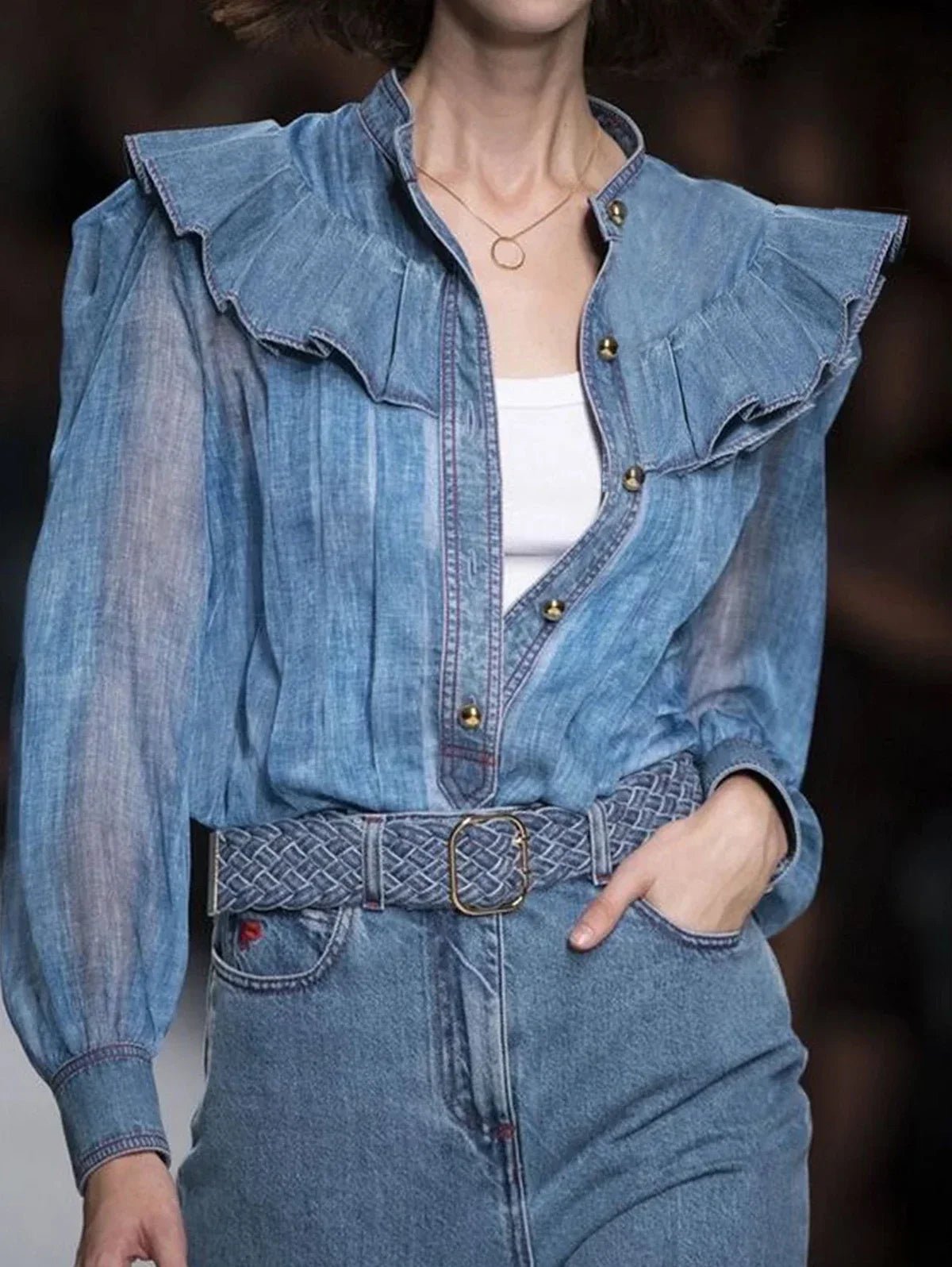 Blue See - Through Jacket with Ruffle SleevesFaux Denim - American Thistle Blue See - Through Jacket with Ruffle SleevesFaux Denim