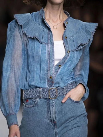 Blue See - Through Jacket with Ruffle SleevesFaux Denim - American Thistle Blue See - Through Jacket with Ruffle SleevesFaux Denim