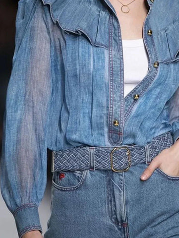 Blue See - Through Jacket with Ruffle SleevesFaux Denim - American Thistle Blue See - Through Jacket with Ruffle SleevesFaux Denim