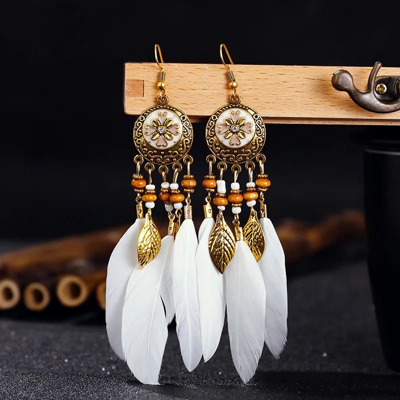 Bohemian Vintage Jewelry For Women Trendy Carved Leaf Feather Tassel Long Earrings - American ThistleBohemian Vintage Jewelry For Women Trendy Carved Leaf Feather Tassel Long Earrings