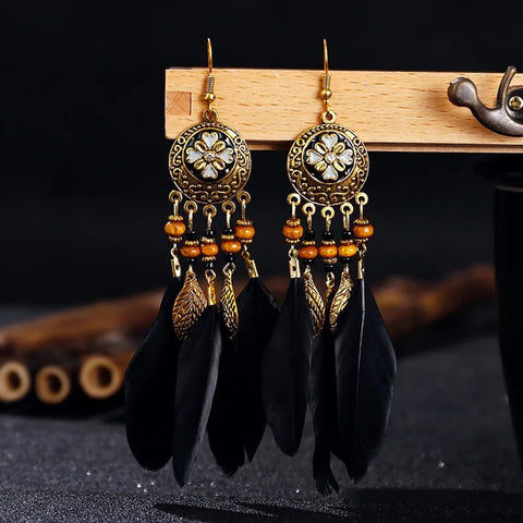 Bohemian Vintage Jewelry For Women Trendy Carved Leaf Feather Tassel Long Earrings - American ThistleBohemian Vintage Jewelry For Women Trendy Carved Leaf Feather Tassel Long Earrings