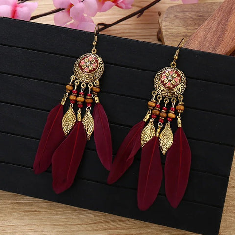 Bohemian Vintage Jewelry For Women Trendy Carved Leaf Feather Tassel Long Earrings - American ThistleBohemian Vintage Jewelry For Women Trendy Carved Leaf Feather Tassel Long Earrings