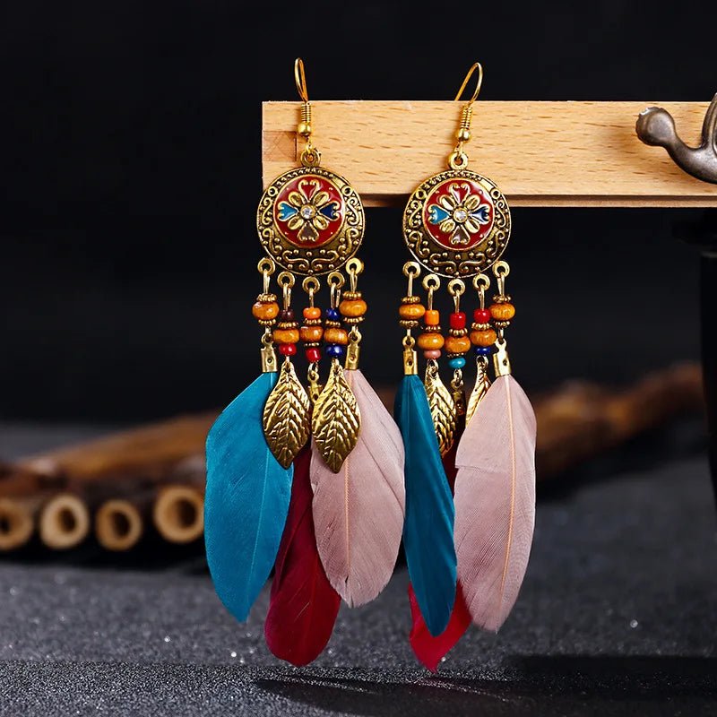 Bohemian Vintage Jewelry For Women Trendy Carved Leaf Feather Tassel Long Earrings - American ThistleBohemian Vintage Jewelry For Women Trendy Carved Leaf Feather Tassel Long Earrings