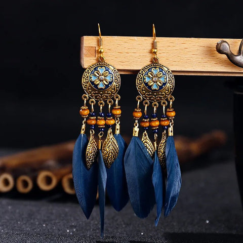 Bohemian Vintage Jewelry For Women Trendy Carved Leaf Feather Tassel Long Earrings - American ThistleBohemian Vintage Jewelry For Women Trendy Carved Leaf Feather Tassel Long Earrings