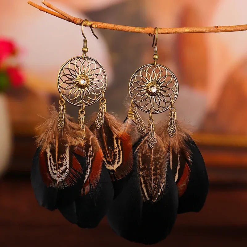 Bohemian Vintage Jewelry For Women Trendy Carved Leaf Feather Tassel Long Earrings - American ThistleBohemian Vintage Jewelry For Women Trendy Carved Leaf Feather Tassel Long Earrings
