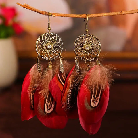 Bohemian Vintage Jewelry For Women Trendy Carved Leaf Feather Tassel Long Earrings - American ThistleBohemian Vintage Jewelry For Women Trendy Carved Leaf Feather Tassel Long Earrings