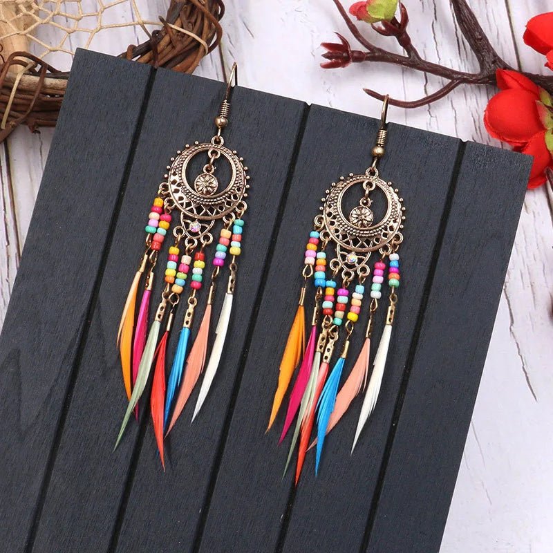 Bohemian Vintage Jewelry For Women Trendy Carved Leaf Feather Tassel Long Earrings - American ThistleBohemian Vintage Jewelry For Women Trendy Carved Leaf Feather Tassel Long Earrings