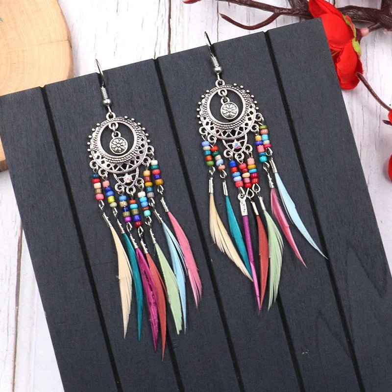 Bohemian Vintage Jewelry For Women Trendy Carved Leaf Feather Tassel Long Earrings - American ThistleBohemian Vintage Jewelry For Women Trendy Carved Leaf Feather Tassel Long Earrings