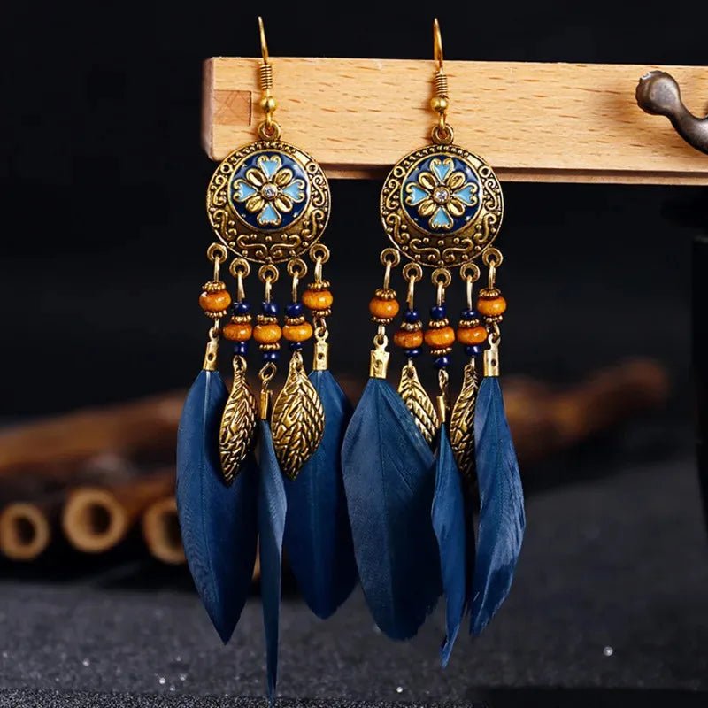 Bohemian Vintage Jewelry For Women Trendy Carved Leaf Feather Tassel Long Earrings - American ThistleBohemian Vintage Jewelry For Women Trendy Carved Leaf Feather Tassel Long Earrings