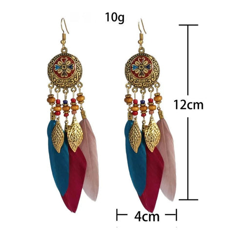 Bohemian Vintage Jewelry For Women Trendy Carved Leaf Feather Tassel Long Earrings - American ThistleBohemian Vintage Jewelry For Women Trendy Carved Leaf Feather Tassel Long Earrings