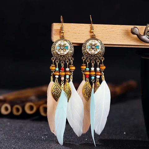 Bohemian Vintage Jewelry For Women Trendy Carved Leaf Feather Tassel Long Earrings - American ThistleBohemian Vintage Jewelry For Women Trendy Carved Leaf Feather Tassel Long Earrings