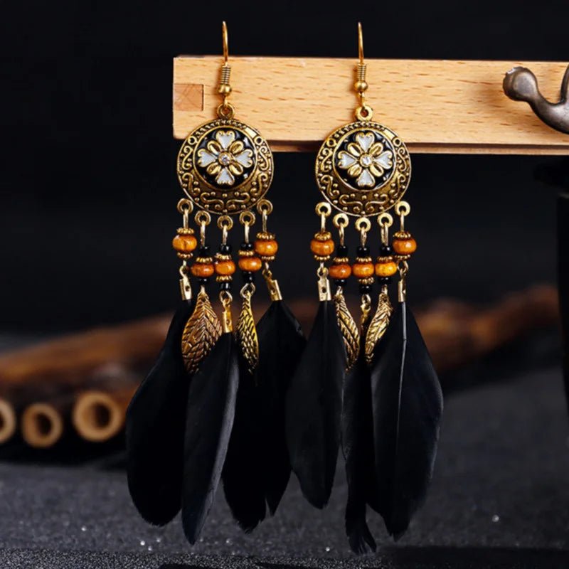 Bohemian Vintage Jewelry For Women Trendy Carved Leaf Feather Tassel Long Earrings - American ThistleBohemian Vintage Jewelry For Women Trendy Carved Leaf Feather Tassel Long Earrings