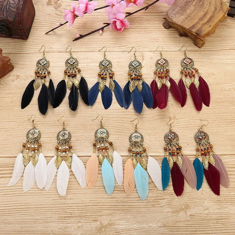 Bohemian Vintage Jewelry For Women Trendy Carved Leaf Feather Tassel Long Earrings - American ThistleBohemian Vintage Jewelry For Women Trendy Carved Leaf Feather Tassel Long Earrings