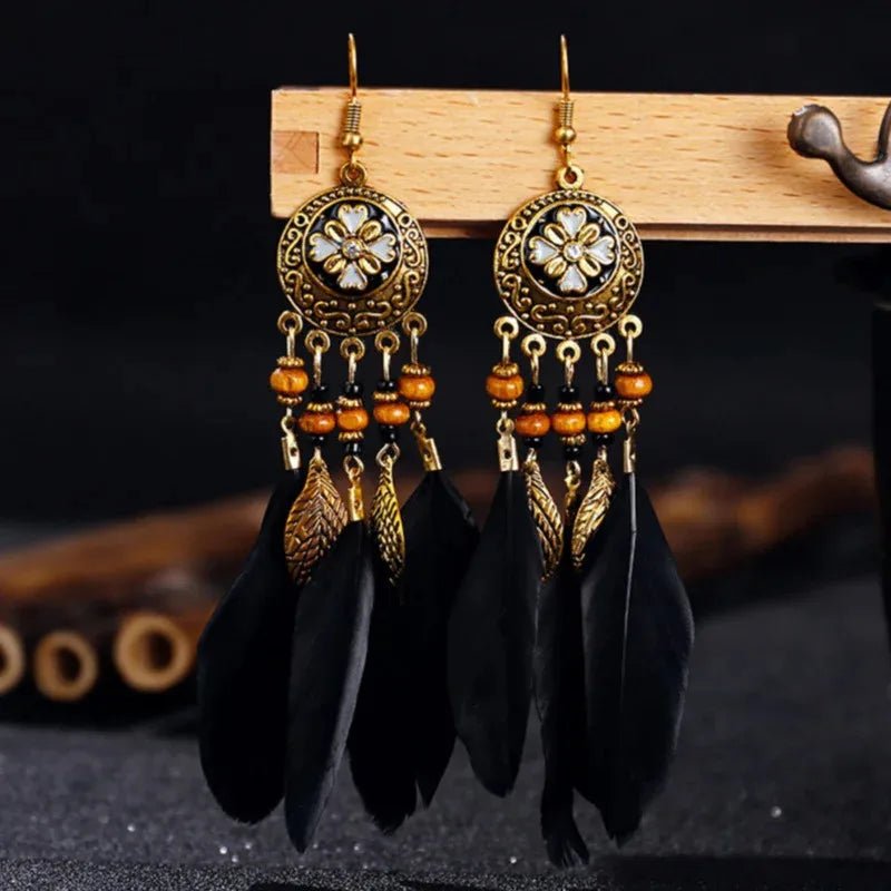 Bohemian Vintage Jewelry For Women Trendy Carved Leaf Feather Tassel Long Earrings - American ThistleBohemian Vintage Jewelry For Women Trendy Carved Leaf Feather Tassel Long Earrings