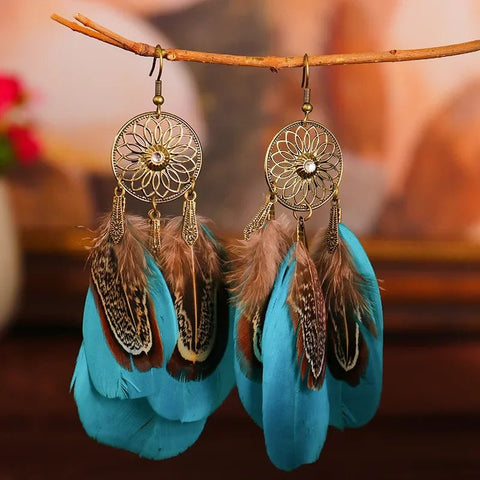 Bohemian Vintage Jewelry For Women Trendy Carved Leaf Feather Tassel Long Earrings - American ThistleBohemian Vintage Jewelry For Women Trendy Carved Leaf Feather Tassel Long Earrings