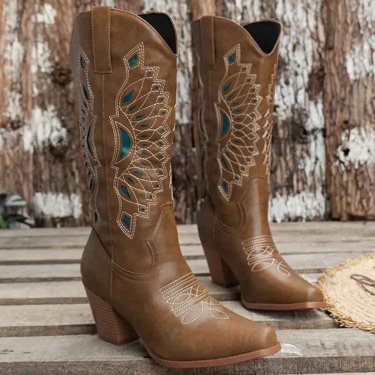 Brown Leather Boots Women Shoes Embroidery Knee - high Boots Riding Women Cowboy Boots - American ThistleBrown Leather Boots Women Shoes Embroidery Knee - high Boots Riding Women Cowboy Boots