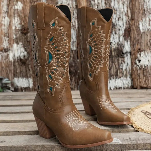 Brown Leather Boots Women Shoes Embroidery Knee - high Boots Riding Women Cowboy Boots - American ThistleBrown Leather Boots Women Shoes Embroidery Knee - high Boots Riding Women Cowboy Boots