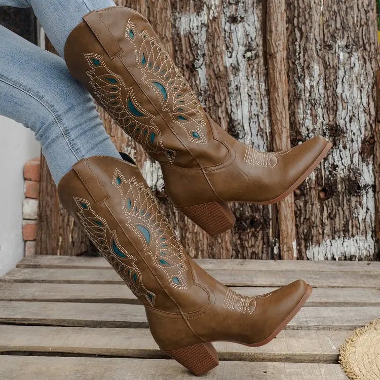 Brown Leather Boots Women Shoes Embroidery Knee - high Boots Riding Women Cowboy Boots - American ThistleBrown Leather Boots Women Shoes Embroidery Knee - high Boots Riding Women Cowboy Boots