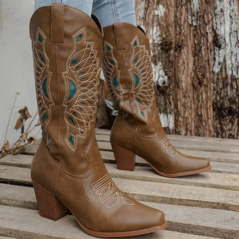 Brown Leather Boots Women Shoes Embroidery Knee - high Boots Riding Women Cowboy Boots - American ThistleBrown Leather Boots Women Shoes Embroidery Knee - high Boots Riding Women Cowboy Boots