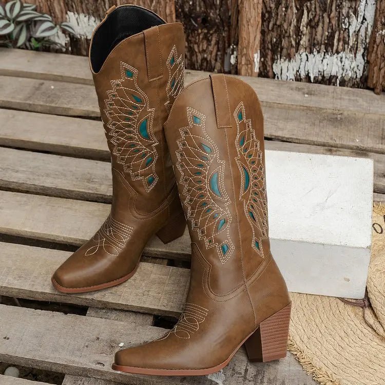 Brown Leather Boots Women Shoes Embroidery Knee - high Boots Riding Women Cowboy Boots - American ThistleBrown Leather Boots Women Shoes Embroidery Knee - high Boots Riding Women Cowboy Boots