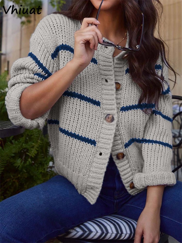 Button Down Knitted Cardigan with Stripes Long - Sleeves - American Thistle Button Down Knitted Cardigan with Stripes Long - Sleeves