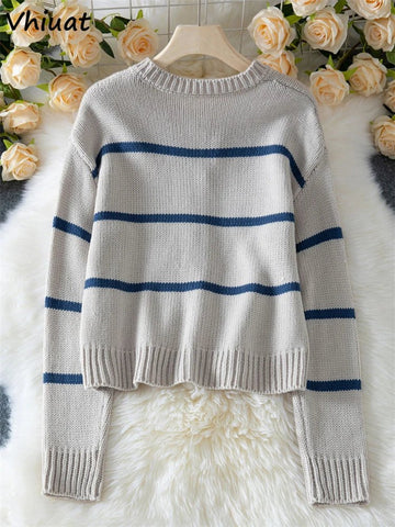 Button Down Knitted Cardigan with Stripes Long - Sleeves - American Thistle Button Down Knitted Cardigan with Stripes Long - Sleeves