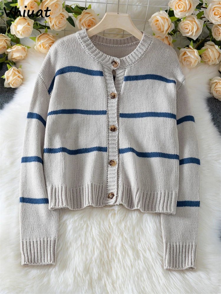 Button Down Knitted Cardigan with Stripes Long - Sleeves - American Thistle Button Down Knitted Cardigan with Stripes Long - Sleeves