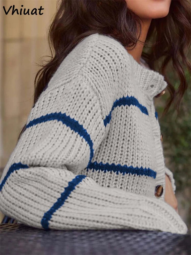 Button Down Knitted Cardigan with Stripes Long - Sleeves - American Thistle Button Down Knitted Cardigan with Stripes Long - Sleeves