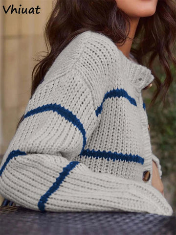 Button Down Knitted Cardigan with Stripes Long - Sleeves - American Thistle Button Down Knitted Cardigan with Stripes Long - Sleeves