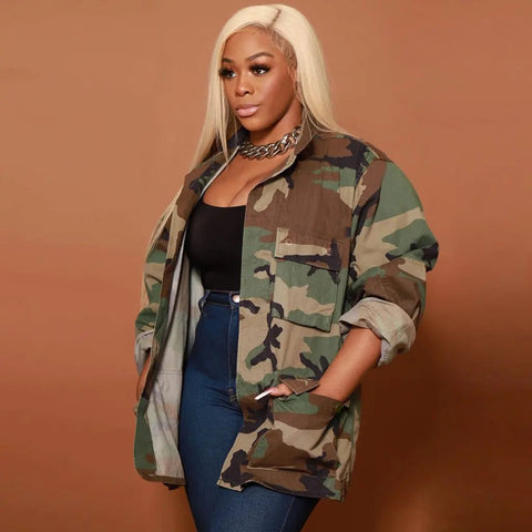 Camouflage Print Long Sleeve Cardigan Coat with Large Pocket - American Thistle Camouflage Print Long Sleeve Cardigan Coat with Large Pocket