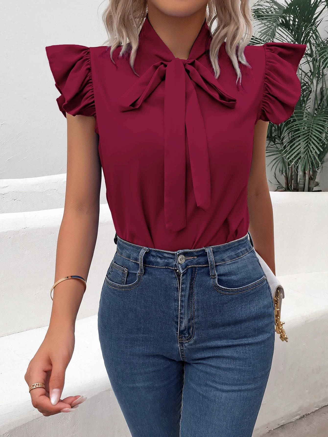 Casual Bow Tie Flutter Sleeve Solid Ruffle Trim Blouse, Women's Clothing - American Thistle Casual Bow Tie Flutter Sleeve Solid Ruffle Trim Blouse, Women's Clothing