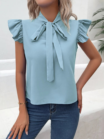 Casual Bow Tie Flutter Sleeve Solid Ruffle Trim Blouse, Women's Clothing - American Thistle Casual Bow Tie Flutter Sleeve Solid Ruffle Trim Blouse, Women's Clothing