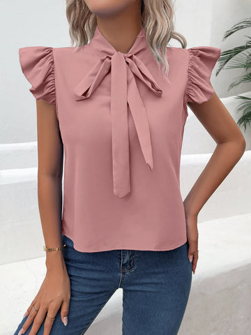 Casual Bow Tie Flutter Sleeve Solid Ruffle Trim Blouse, Women's Clothing - American Thistle Casual Bow Tie Flutter Sleeve Solid Ruffle Trim Blouse, Women's Clothing