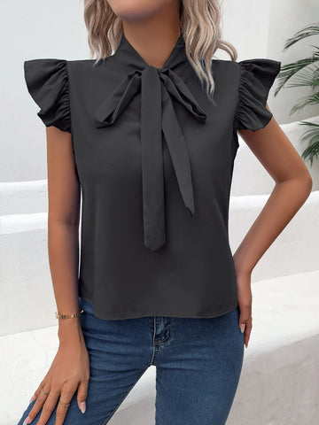 Casual Bow Tie Flutter Sleeve Solid Ruffle Trim Blouse, Women's Clothing - American Thistle Casual Bow Tie Flutter Sleeve Solid Ruffle Trim Blouse, Women's Clothing
