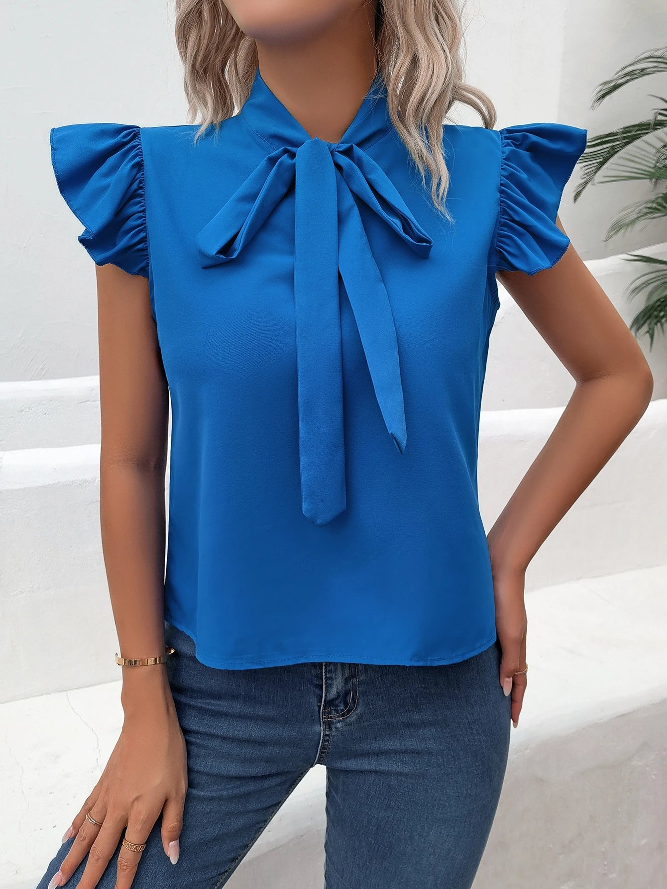 Casual Bow Tie Flutter Sleeve Solid Ruffle Trim Blouse, Women's Clothing - American Thistle Casual Bow Tie Flutter Sleeve Solid Ruffle Trim Blouse, Women's Clothing