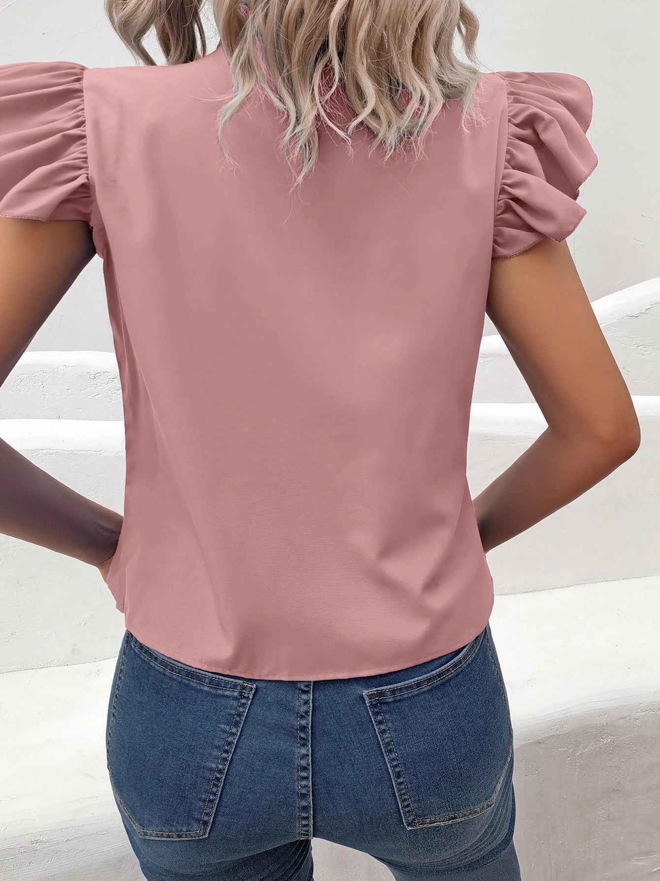 Casual Bow Tie Flutter Sleeve Solid Ruffle Trim Blouse, Women's Clothing - American Thistle Casual Bow Tie Flutter Sleeve Solid Ruffle Trim Blouse, Women's Clothing