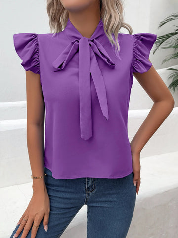 Casual Bow Tie Flutter Sleeve Solid Ruffle Trim Blouse, Women's Clothing - American Thistle Casual Bow Tie Flutter Sleeve Solid Ruffle Trim Blouse, Women's Clothing
