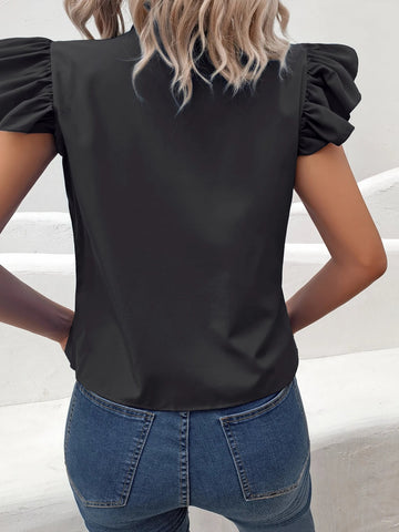 Casual Bow Tie Flutter Sleeve Solid Ruffle Trim Blouse, Women's Clothing - American Thistle Casual Bow Tie Flutter Sleeve Solid Ruffle Trim Blouse, Women's Clothing