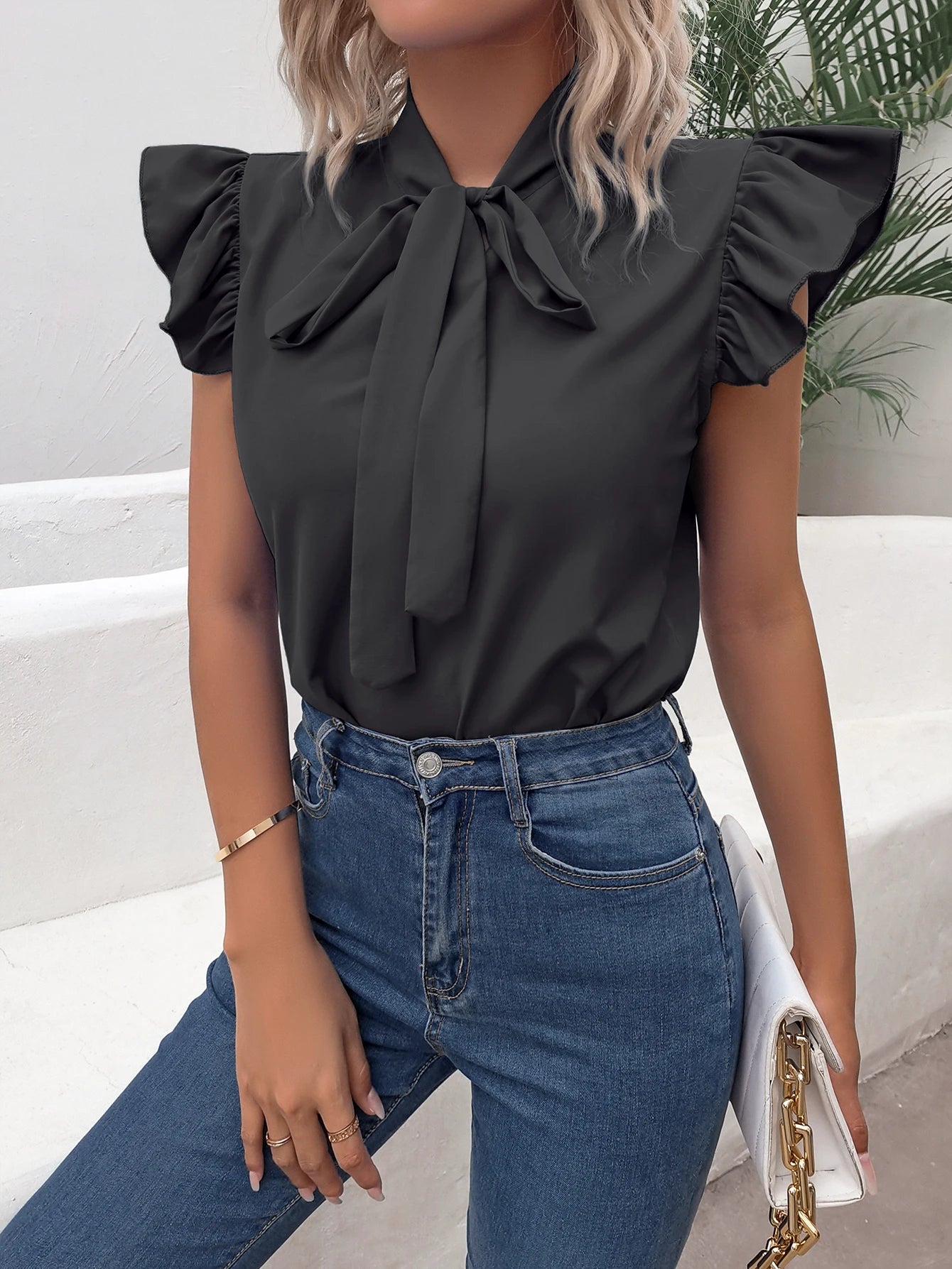 Casual Bow Tie Flutter Sleeve Solid Ruffle Trim Blouse, Women's Clothing - American Thistle Casual Bow Tie Flutter Sleeve Solid Ruffle Trim Blouse, Women's Clothing